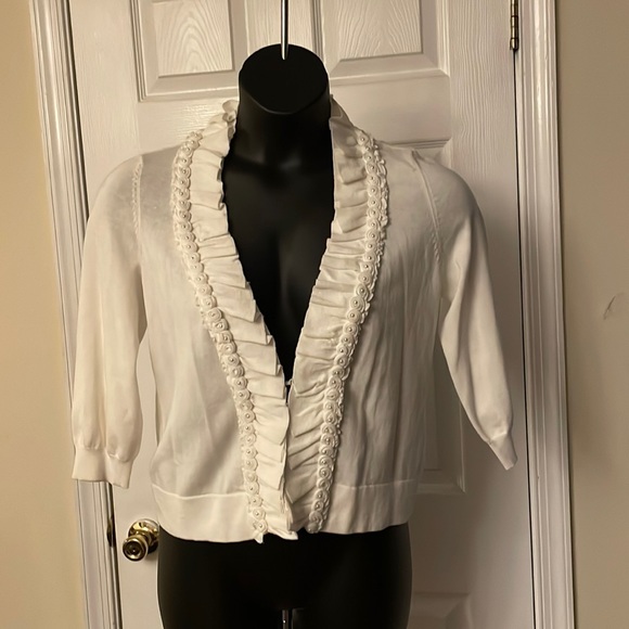 V Cristina Sweaters - Cristina White Pearl Centered Rosettes and Ruffled Sweetheart Cardigan XL